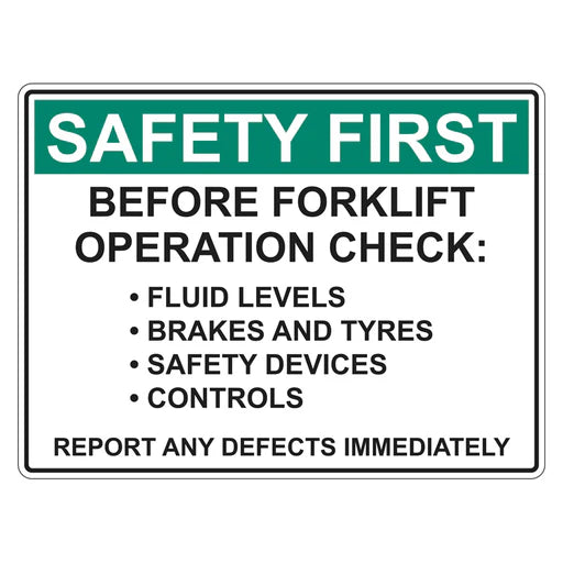 Safety First Sign - Before Forklift Operation Check - Premium Nameplates