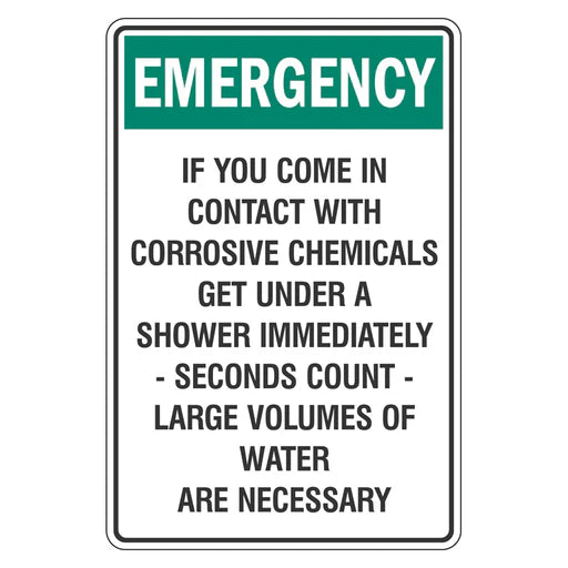Emergency Sign - If You Come Into Contact With Corrosive Chemicals - Premium Nameplates