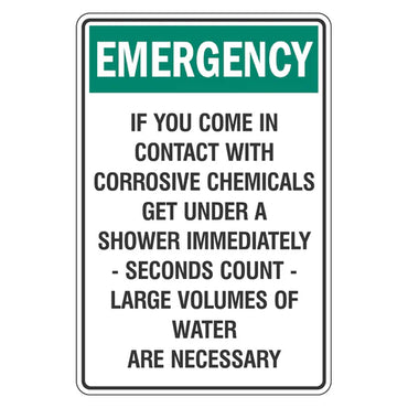 Emergency Sign - If You Come Into Contact With Corrosive Chemicals - Premium Nameplates