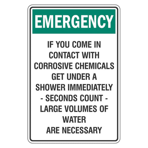 Emergency Sign - If You Come Into Contact With Corrosive Chemicals - Premium Nameplates