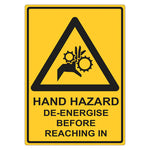 Warning Sign - Hand Hazard De-Energise Before Reaching In